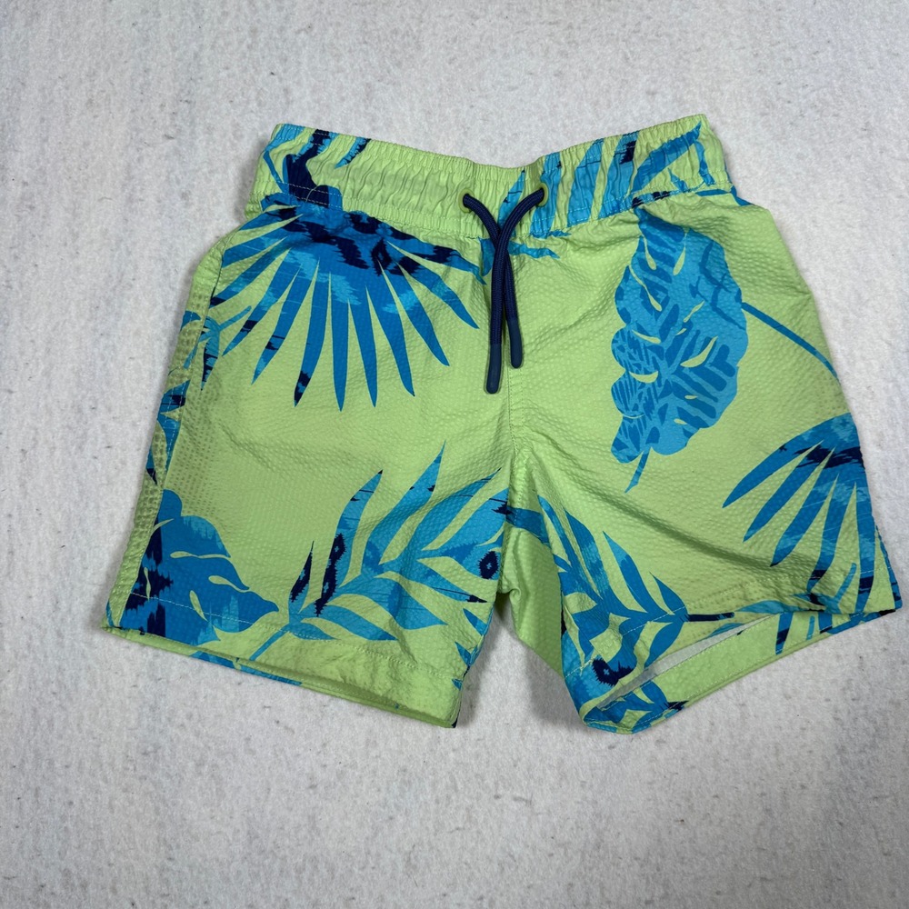 Sol Borne Boys Lime Green Blue Tropical Palm Leaf Swim Trunks Shorts Size S 6/7